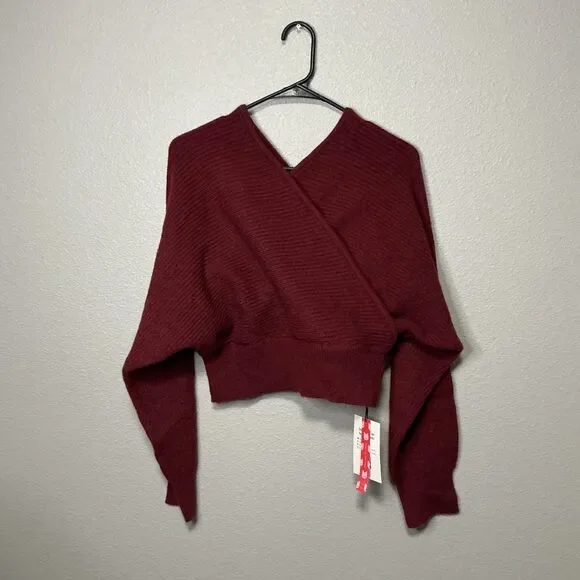 Cider Burgundy Wrap Crop Sweater NWT Size Large Ribbed Knit - Picture 1 of 10